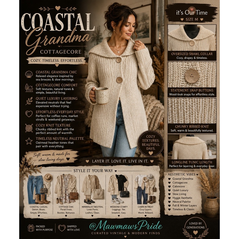 Coastal Grandma Cottagecore‎ Oatmeal Knit Cardigan Sweater Tunic M